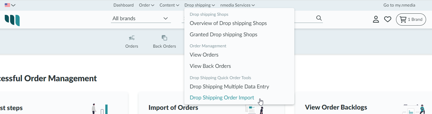Selection in the navigation under "Quick order functions" select "Order import".